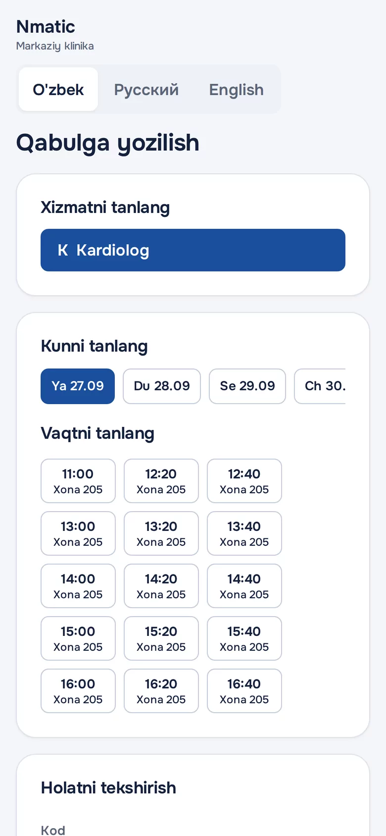 Onlayn yozilish: Kardiolog, kun va bo‘sh vaqtni tanlash